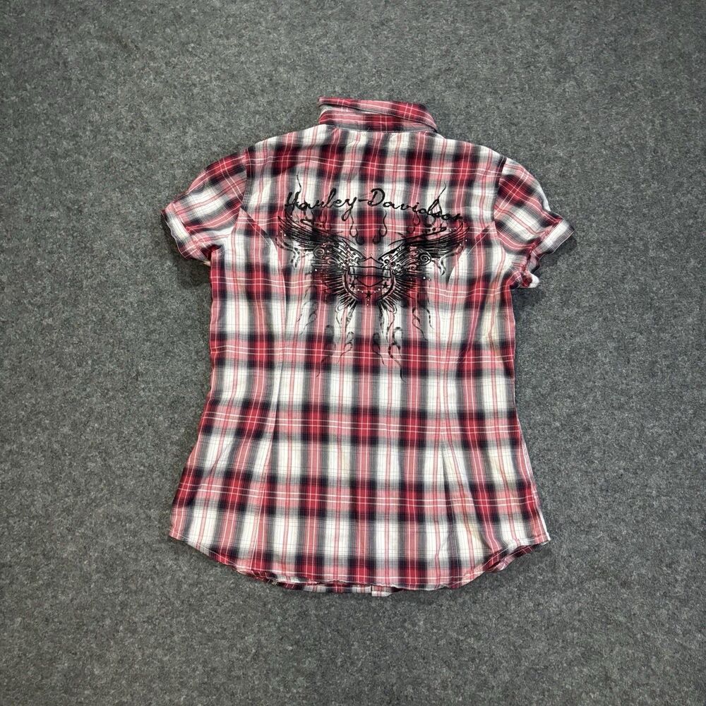 Harley-Davidson Shirt Women’s Small Pearl Snap Button Plaid Short Sleeve